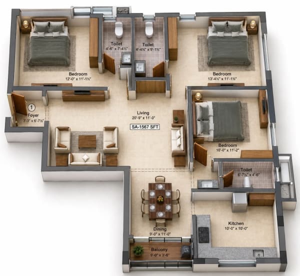 3 BHK Apartment floor plan — Preetha Bethel