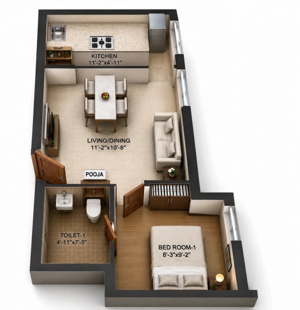 1 BHK Apartment floor plan — 465 sqft