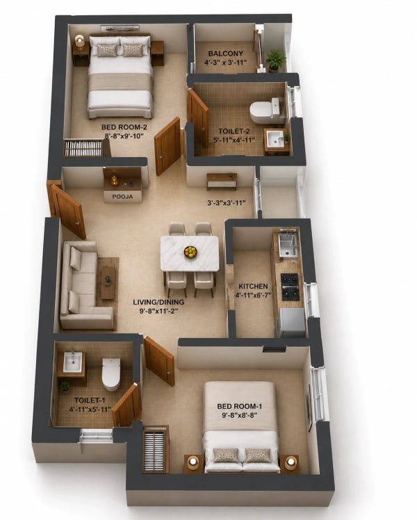 2 BHK Apartment  floor plan — Arun Excello Lalitha
