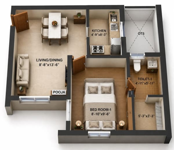 1 BHK Apartment floor plan — 495 sqft