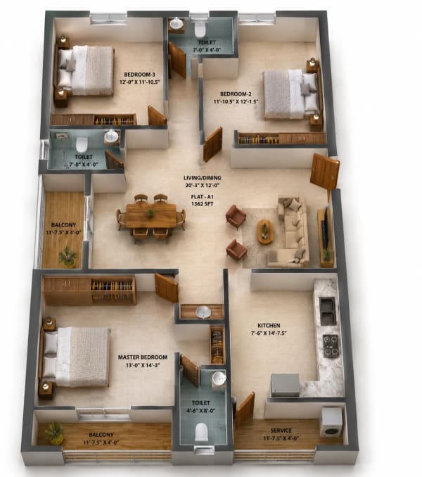3 BHK Apartment floor plan — 1,636 sqft