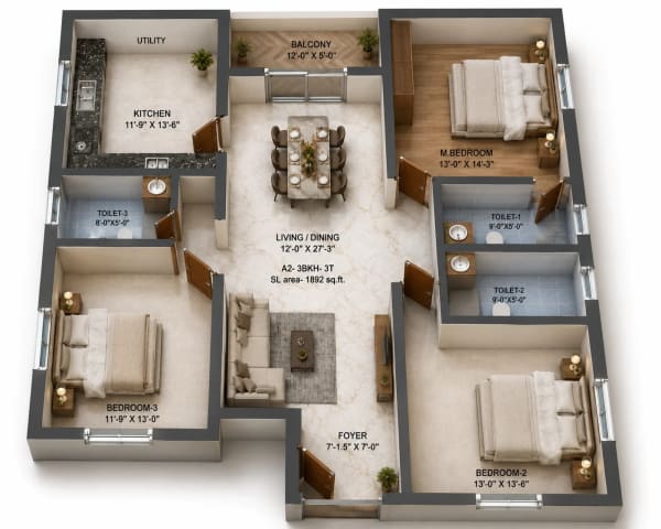 3 BHK Apartment floor plan — 1,892 sqft