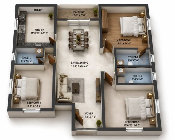 3 BHK Apartment floor plan — 1,838 sqft