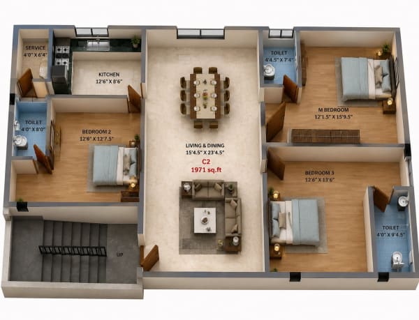 3 BHK Apartment floor plan — 1,971 sqft