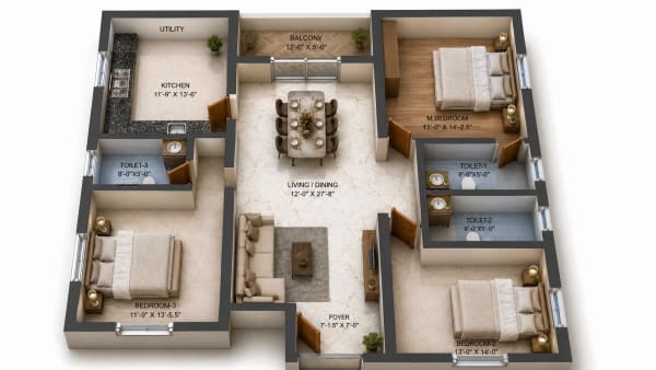 3 BHK Apartment floor plan — 1,215 sqft