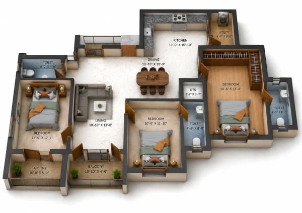 3 BHK Apartment floor plan — Traventure Miracle Garden
