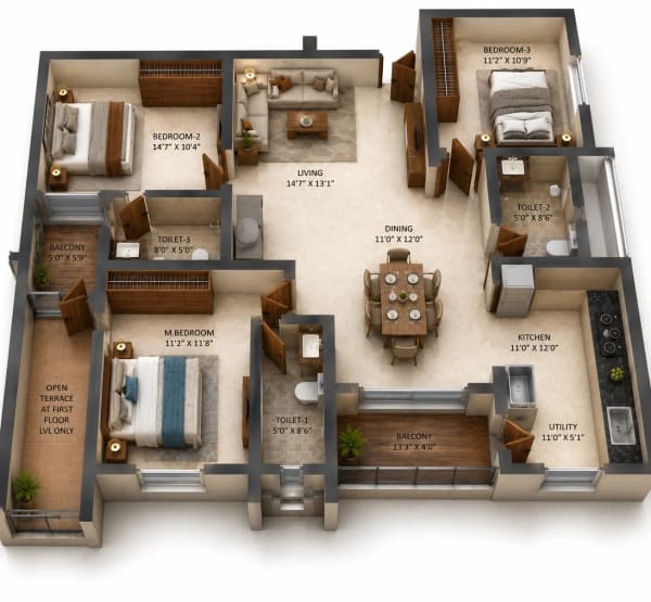 3 BHK Apartment floor plan — 1,617 sqft