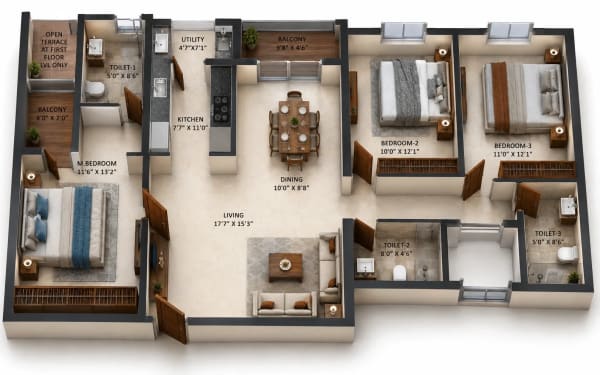 3 BHK Apartment floor plan — 1,988 sqft