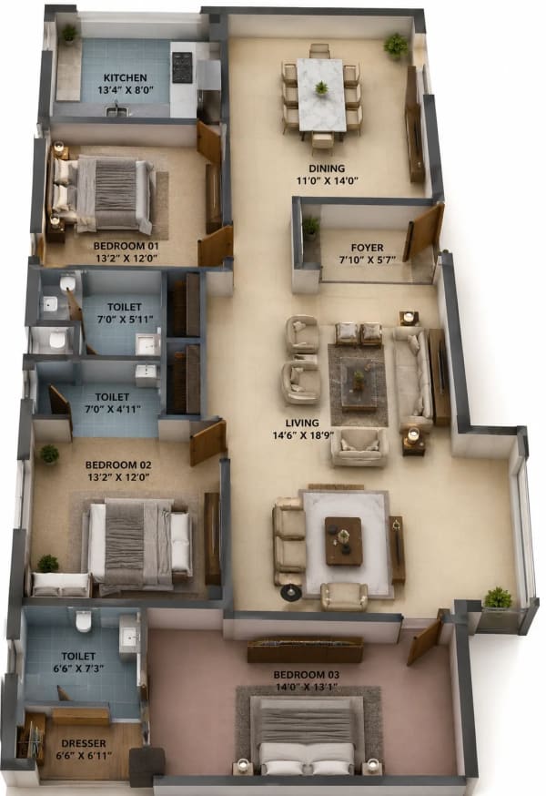 3 BHK Apartment floor plan — 3,200 sqft