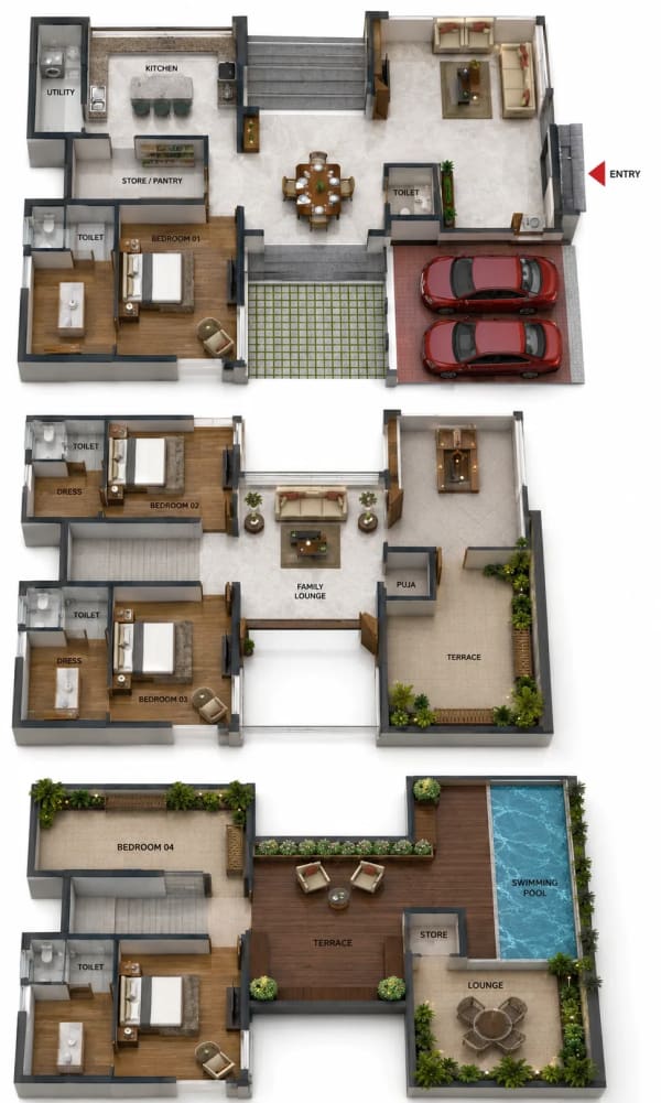 4 BHK Villa floor plan — 3,500 sqft