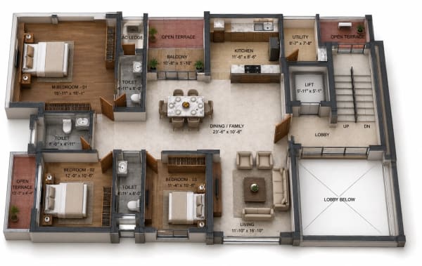 3 BHK Apartment floor plan — 1,971 sqft