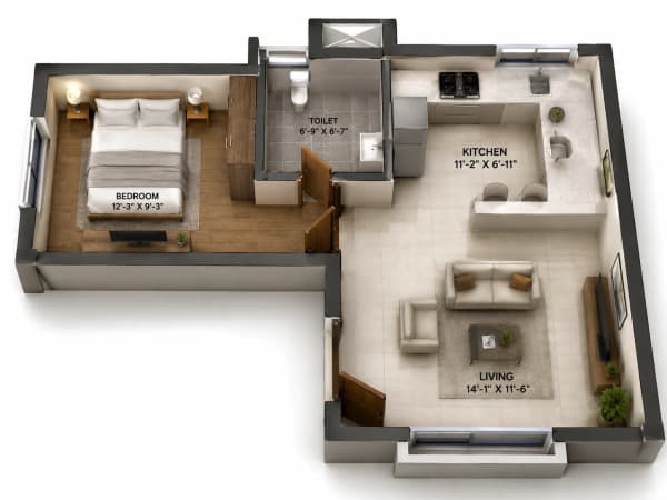 1 BHK Apartment floor plan — 621 sqft