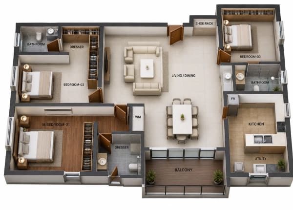 3 BHK Apartment floor plan — 2,636 sqft