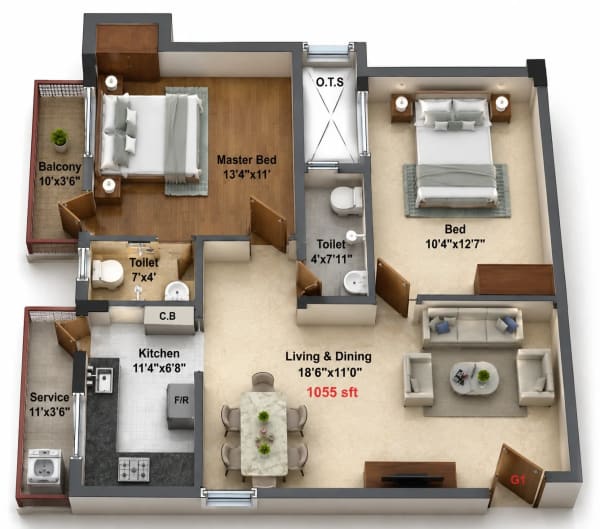 2 BHK Apartment floor plan — 1,055 sqft