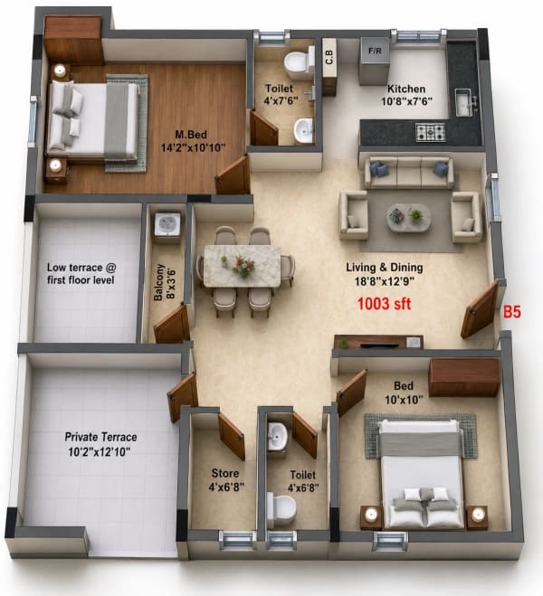 2 BHK Apartment floor plan — 1,003 sqft