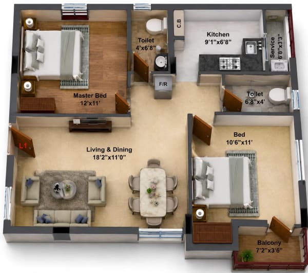2 BHK Apartment floor plan — 915 sqft