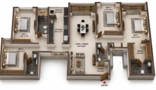 4 BHK Apartment floor plan — Casagrand Suncity