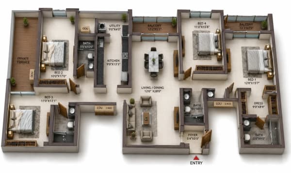 4 BHK Apartment floor plan — Casagrand Suncity