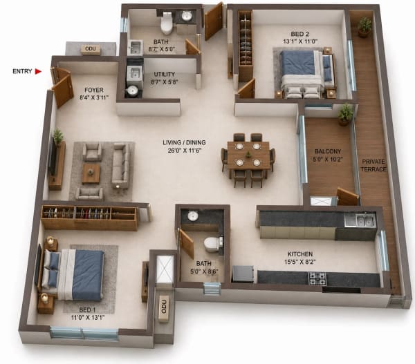 2 BHK Apartment floor plan — 1,393 sqft
