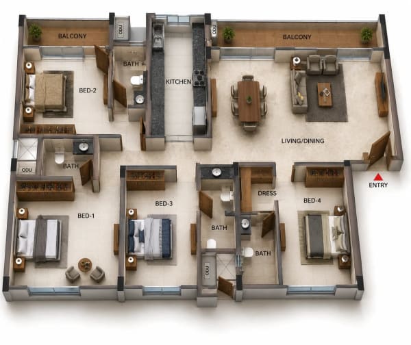 3 BHK Apartment floor plan — 2,560 sqft