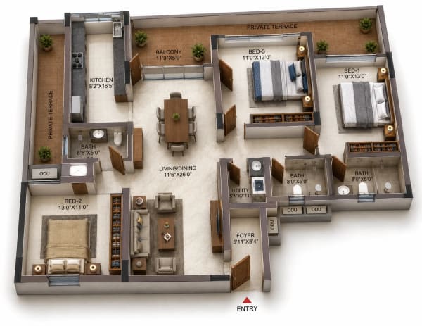 3 BHK Apartment floor plan — 1,666 sqft