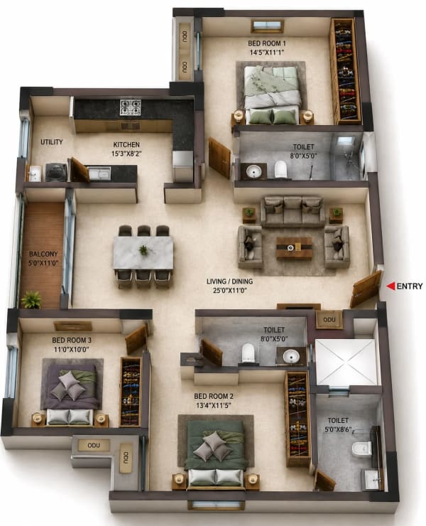 3 BHK Apartment floor plan — Casagrand Estia