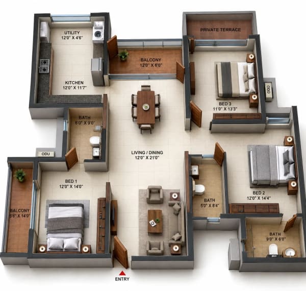3 BHK Apartment floor plan — 1,903 sqft