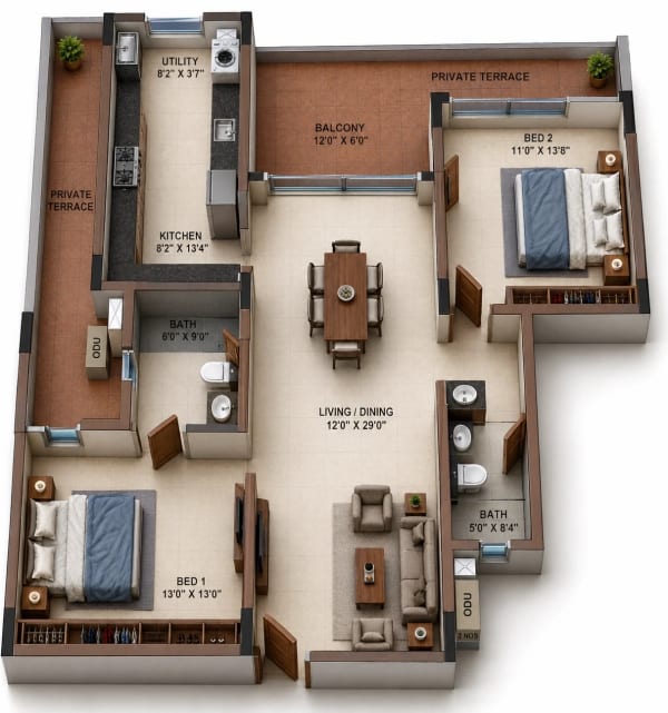 2 BHK Apartment floor plan — 1,468 sqft