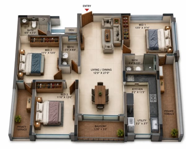 3 BHK Apartment floor plan — Casagrand Casamia