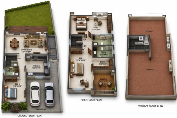 3 BHK Villa floor plan — 2,212 sqft