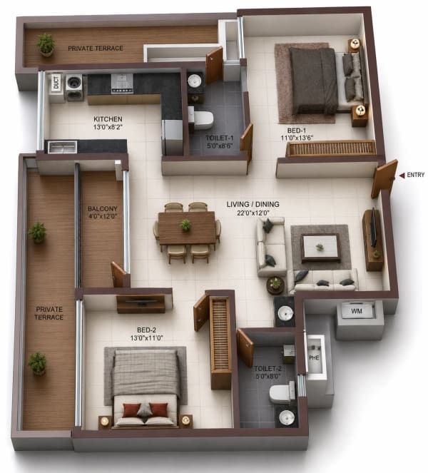 2 BHK Apartment floor plan — 1,166 sqft