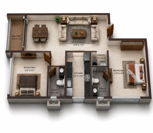 2 BHK Apartment floor plan — 1,448 sqft