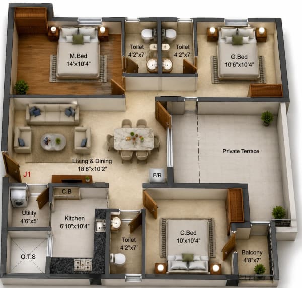 3 BHK Apartment floor plan — Stepsstone Viraam 2