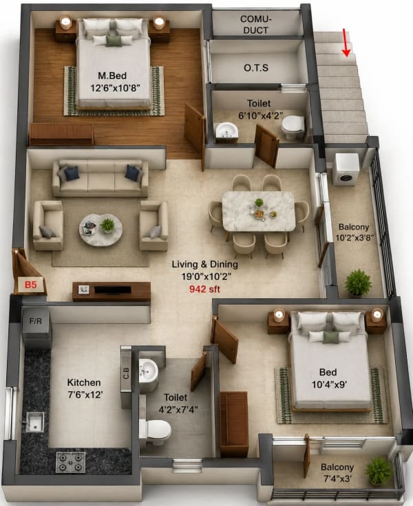 2 BHK Apartment floor plan — 942 sqft