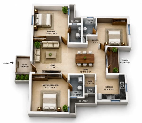 3 BHK Apartment floor plan — 1,818 sqft