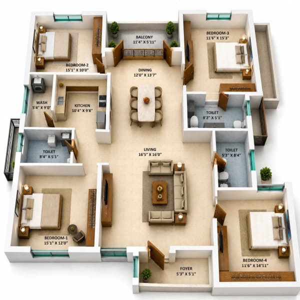 3 BHK Apartment floor plan — 1,537 sqft