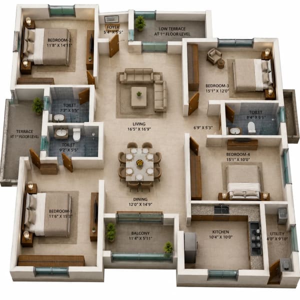 3 BHK Apartment floor plan — 1,559 sqft
