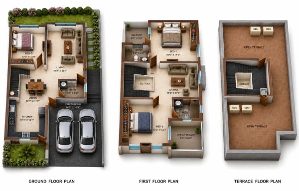 3 BHK Villa floor plan — 2,143 sqft