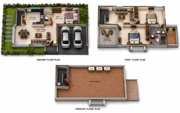 3 BHK Villa floor plan — 2,303 sqft