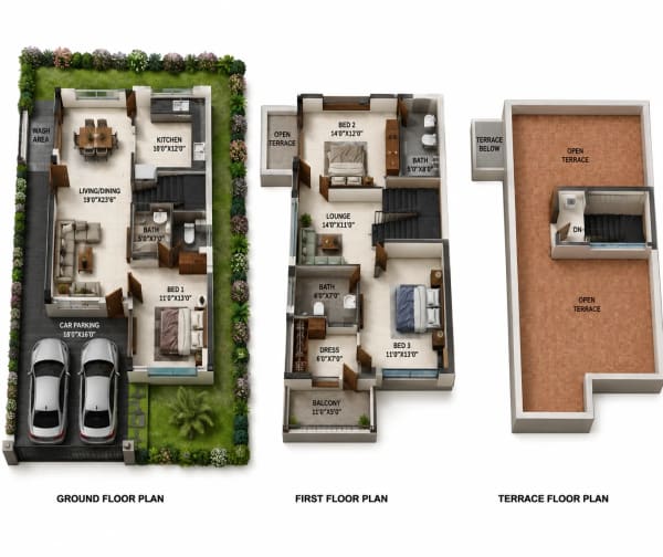 3 BHK Villa floor plan — 1,987 sqft