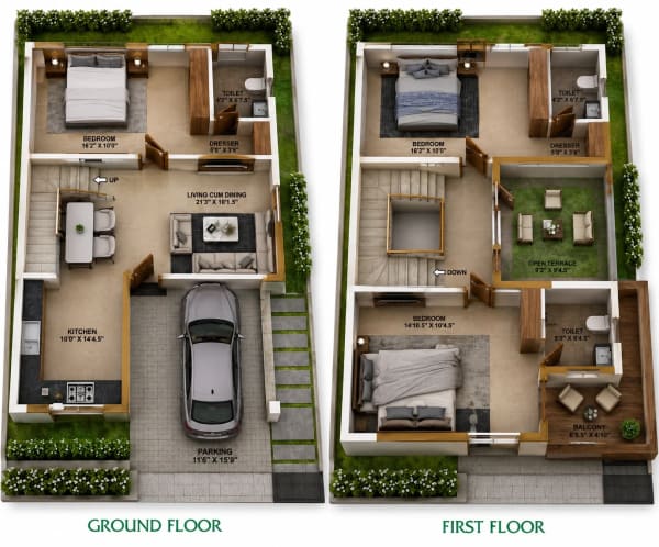 3 BHK Villa floor plan — 1,396 sqft