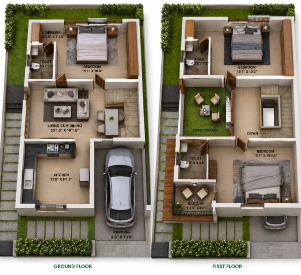 3 BHK Villa floor plan — 1,362 sqft