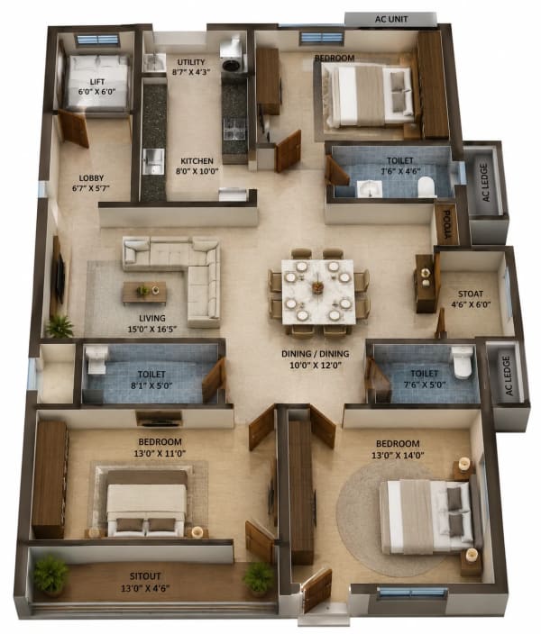 3 BHK Apartment floor plan — 1,535 sqft