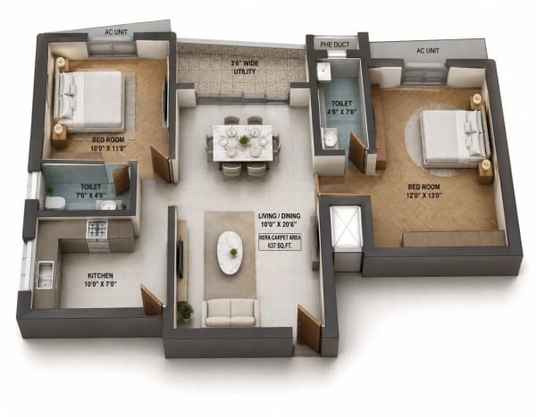 2 BHK Apartment floor plan — 960 sqft