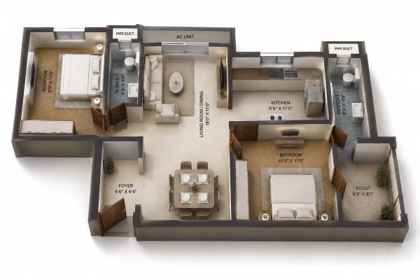 2 BHK Apartment floor plan — 927 sqft