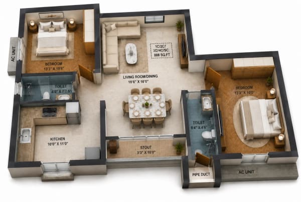 2 BHK Apartment floor plan — 883 sqft