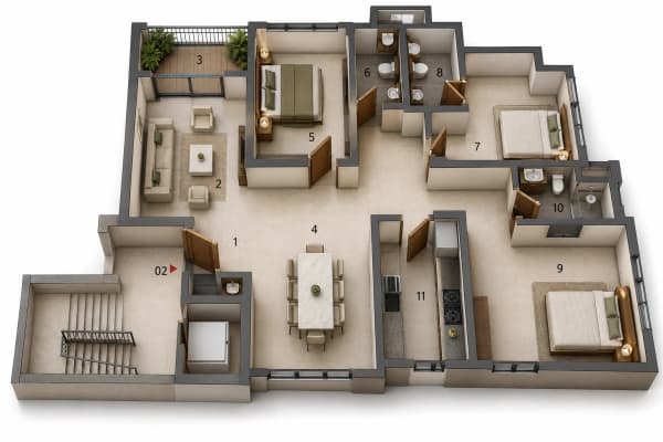 3 BHK Apartment floor plan — 1,725 sqft