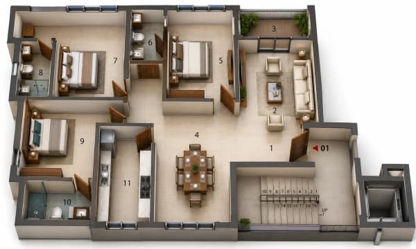 3 BHK Apartment floor plan — 1,715 sqft