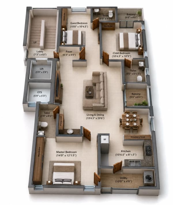 3 BHK Apartment floor plan — 1,478 sqft