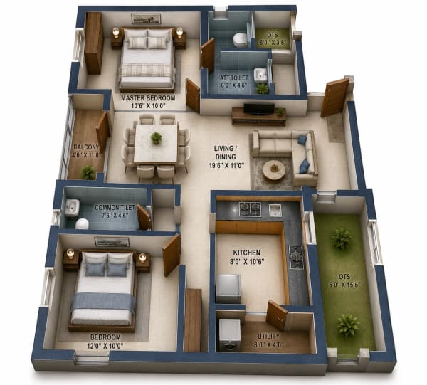2 BHK Apartment floor plan — 932 sqft